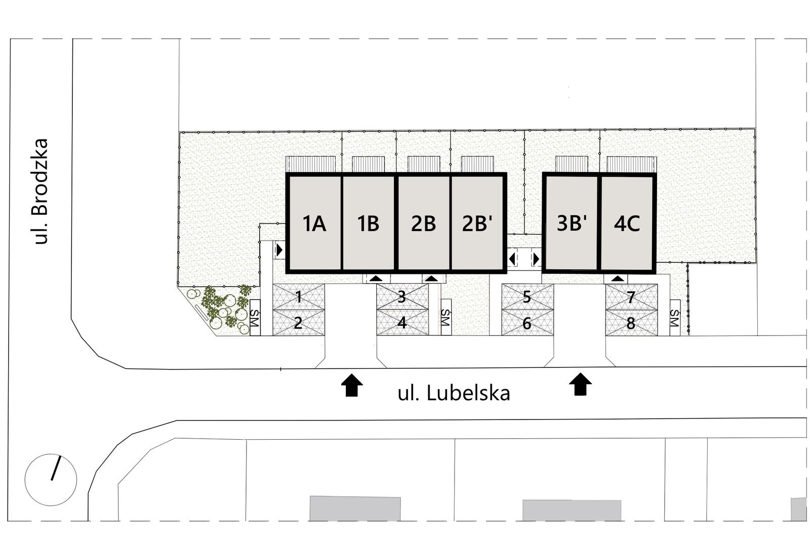 Plan sytuacyjny inwestycji: sześć lokali 1A, 1B, 2B, 2B', 3B' i 4C w czterech budynkach w zabudowie bliźniaczej, ustawionych w jednym rzędzie wzdłuż ul. Lubelskiej, oraz osiem miejsc postojowych między budynkami a ul. Lubelską; od zachodu ul. Brodzka.