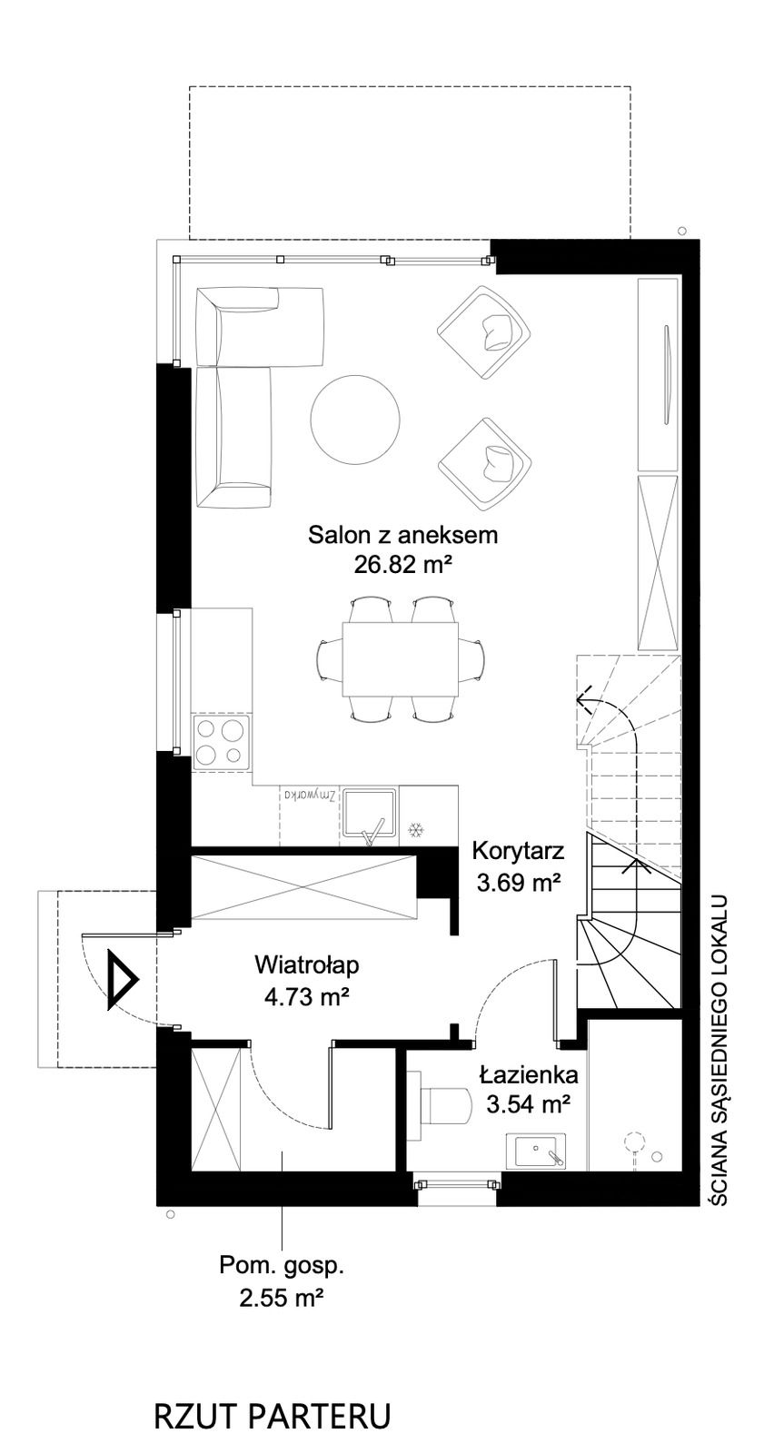Rzut parteru w układzie I. Parter: wiatrołap 4,73 m², korytarz 3,69 m², łazienka 3,54 m², pomieszczenie gospodarcze 2,55 m² i salon z aneksem kuchennym 26,82 m² z wyjściem na taras