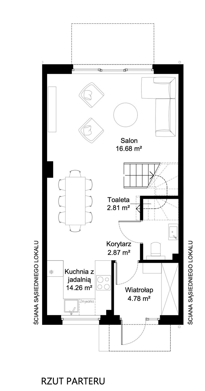 Rzut parteru w układzie II. Parter: wiatrołap 4,78 m², korytarz 2,87 m², toaleta 2,81 m², kuchnia z jadalnią 14,26 m² i osobny salon 16,68 m² z wyjściem na taras