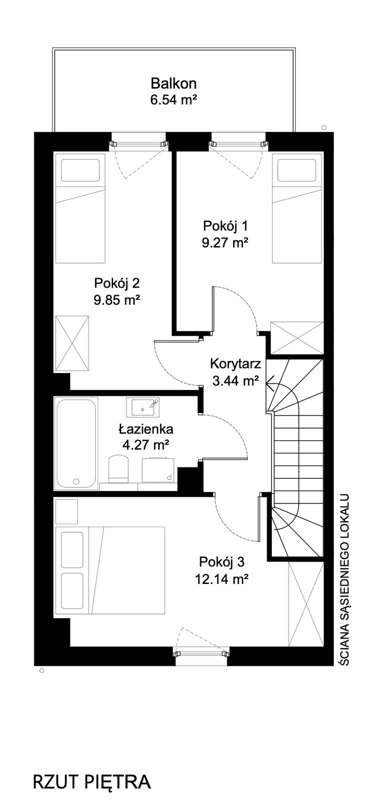 Rzut piętra w układzie I. Piętro: pokój 1 - 9,27 m², pokój 2 - 9,85 m², pokój 3 - 12,14 m², łazienka 4,27 m², korytarz 3,44 m² i balkon 6,54 m².