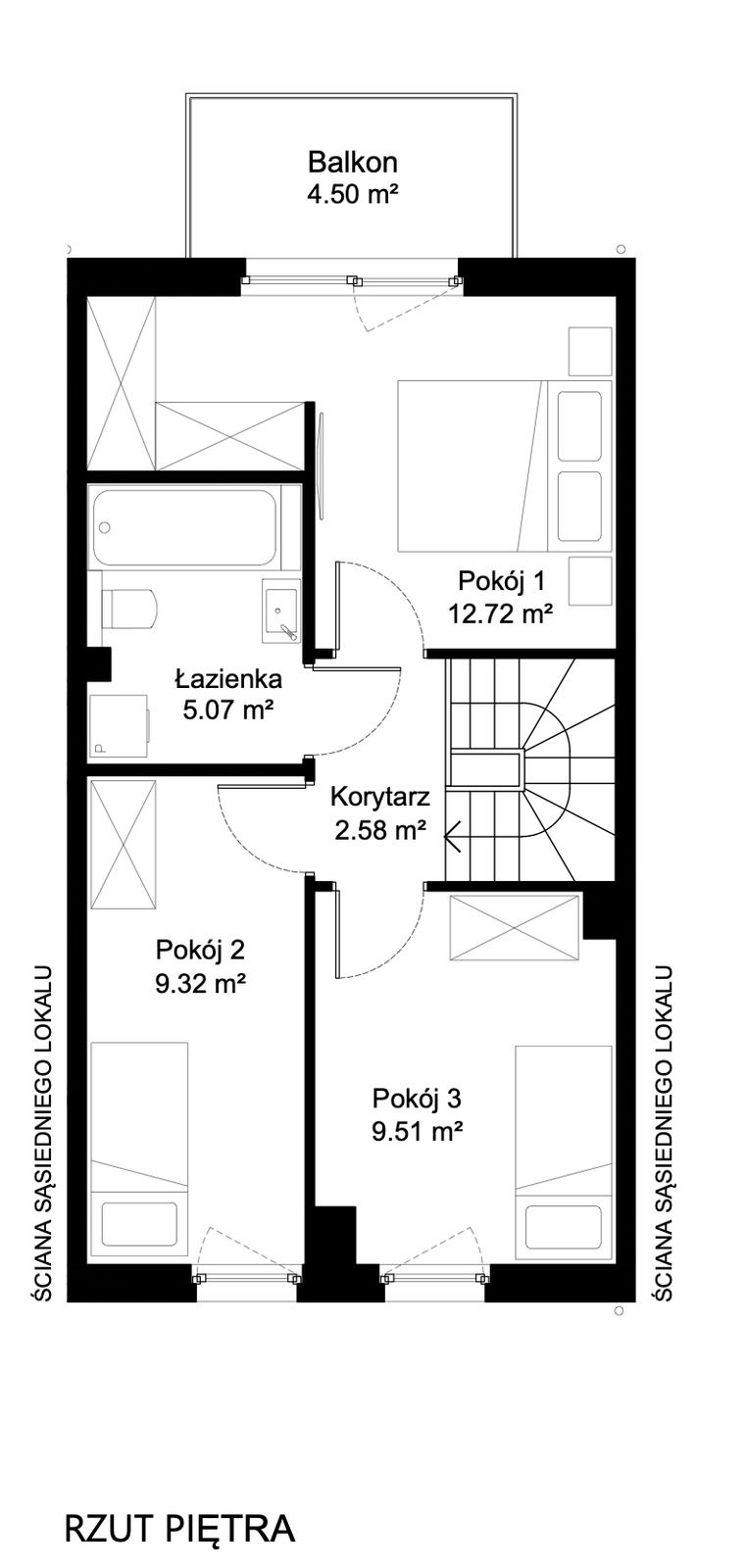 Rzut piętra w układzie II. Piętro: pokój 1 - 12,72 m², pokój 2 - 9,32 m², pokój 3 - 9,51 m², łazienka 5,07 m², korytarz 2,58 m² i balkon 4,50 m².